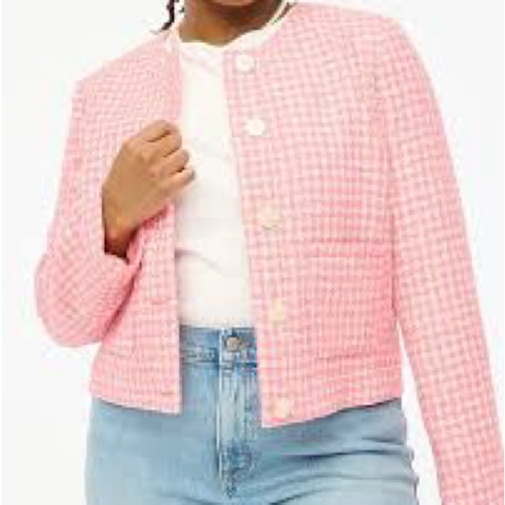 J. Crew Pink Houndstooth Cropped Button Jacket - Picture 2 of 4